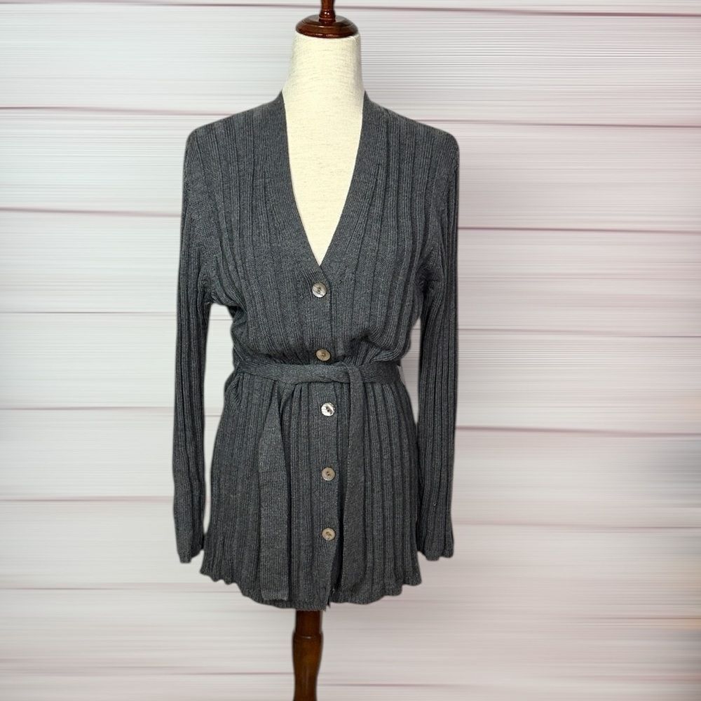 Lord & Taylor Wool Long Cardigan Gray Rib Knit V-neck Belted size L Vintage